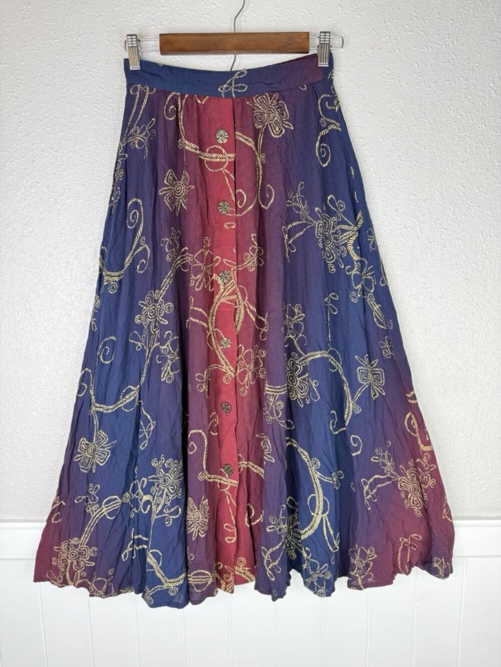 Vtg Carole Little Rayon Maxi Skirt Womens Sz 4 Colorful Boho Fairy Button Front